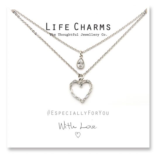 480514 - Life Charms - YY14 - Necklace 2 layer CZ Silver Heart + Teardrop